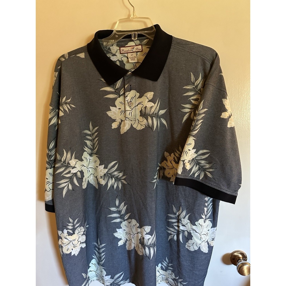 Paradise Blue Men's Hawaiian Shirt 4XL Polo Hibiscus Flower